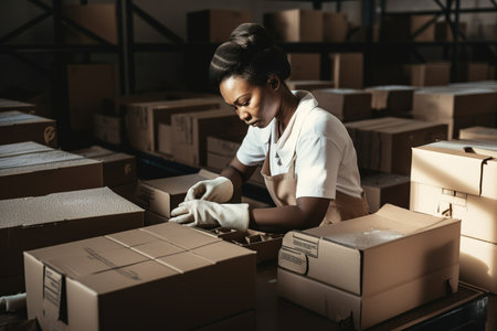 African American worker working in storage warehouse among carboard boxes. Logistics industry. Generative AIの素材