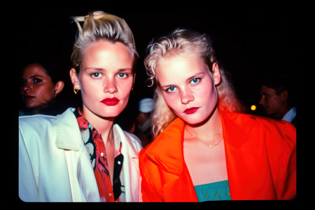 1980s cinematic film photo of fashion models at party. Generative AIの素材