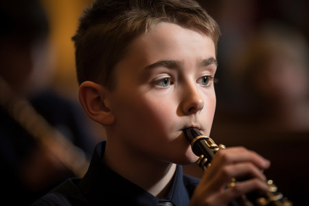 Little boy playing clarinet on concert. Close up head shot. Generative AIの素材