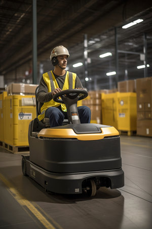 Forklift young man working at warehouse with safety gear. Generative AI vertical shotの素材
