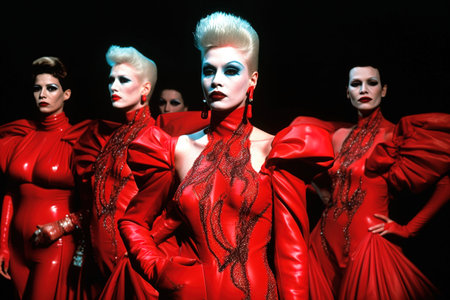 Red outfits in fashion runaway in 1980s decade. Generative AIの素材