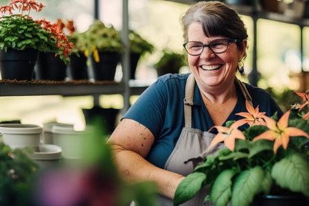 Happy mature woman repotting plants at work green house nursery shop. Generative AIの素材