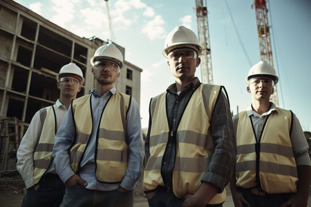 Team of builders portrait at work. Low angle view. Generative AIの素材