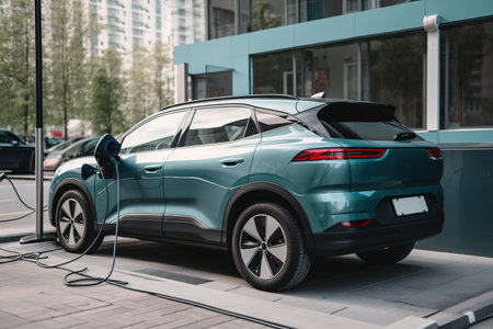 Modern electric vehicle charging at station. Generative AIの素材