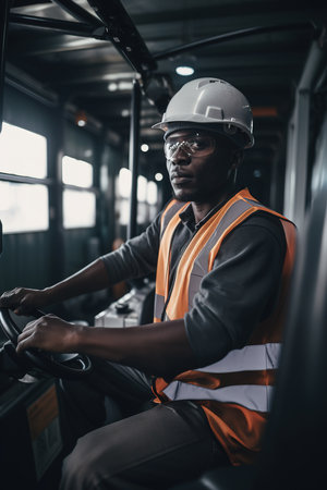African American forklift driver. Generative AI vertical shotの素材