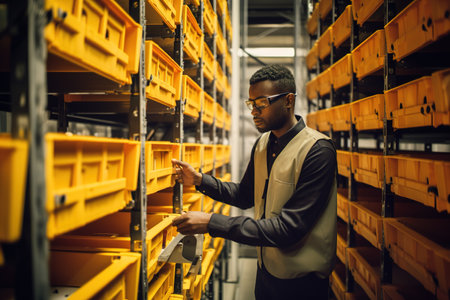 Young adult African American logistics warehouse worker at his job. Generative AIの素材