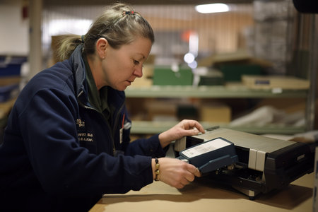 Woman using RFID scanner in logistics warehouse. Generative AIの素材