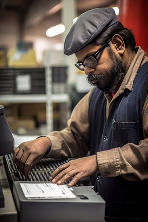Visually impaired person working at warehouse with special devices. Disability and inclusion concept. Generative AIの素材