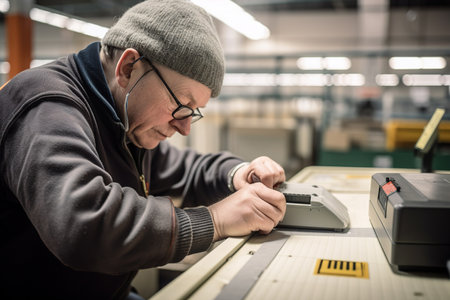 Mature man working at factory repairing machinery. Generative AIの素材