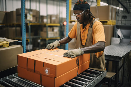 African American worker packing in cardboard box in production line at factory. Generative AIの素材