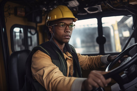 Young African American forklift driver at work. Generative AIの素材
