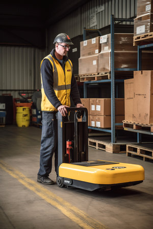 Man working with pallet jack in warehouse. Generative AI vertical shotの素材