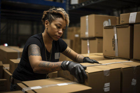 Young African American woman working in logistic warehouse packing carboard boxes. Generative AIの素材