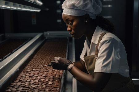 African American young woman working in production line of chocolate factory. Generative AIの素材