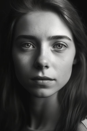 Black and white close up portrait of young Caucasian girl with no make up looking sad. Natural faces concept. Generative AI vertical shotの素材
