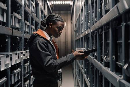 A worker with dark skin tone using an automated storage and retrieval system. Generative AIの素材
