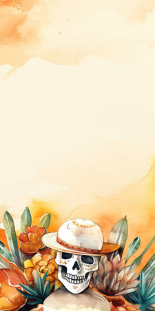 Mexican fiesta watercolor poster with copy space for text. Generative AI vertical illustrationの素材