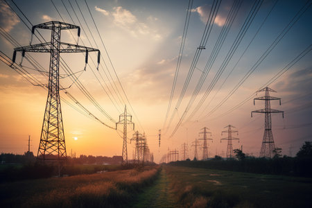Power transmission grid in rural area with dramatic sunset. Generative AIの素材