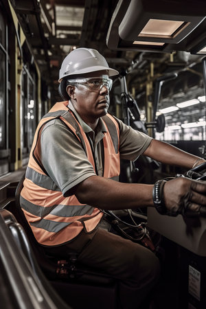 African American worker driving forklift. Generative AI vertical shotの素材
