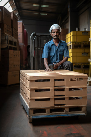 Indian man worker loading pallets in warehouse. Generative AI vertical shotの素材