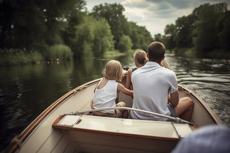 Family having fun on a boat at the lake. Summer vacation concept. Generative AIの素材