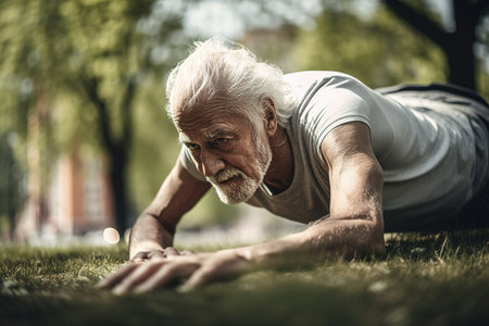 Mature old man doing exercise on the grass of the park on a sunny day. Low angle view. Generative AIの素材