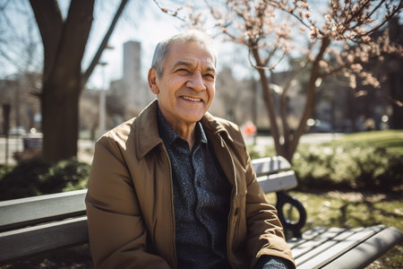 Happy mature man sitting on a bench park on a sunny spring day. Generative AIの素材