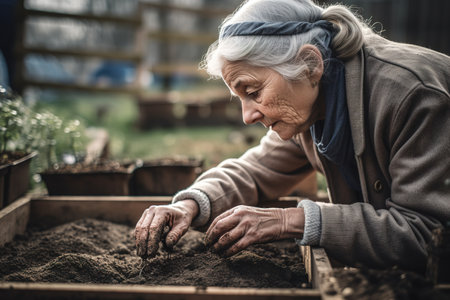 Mature old woman working on the soil of her garden. Close up shot. Generative AIの素材