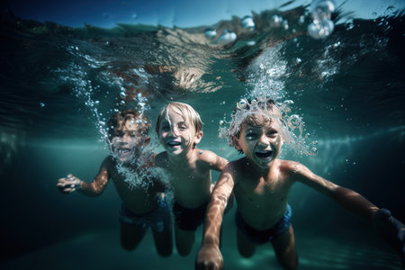 Three happy children playing in the pool underwater. Generative AIの素材