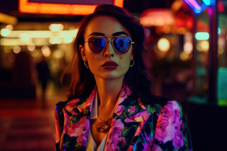 Cool retro style outfit on young brunette woman at night in the city street. Generative AIの素材