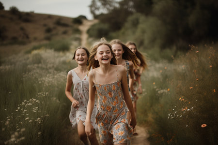 Happy group of girl friends running among the hills during springtime. Generative AIの素材