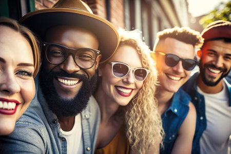 Selfie of multiethnic group of happy friends. Looking at camera. Generative AIの素材