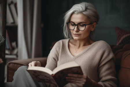 Mature woman relaxed at home reading a book. Generative AIの素材