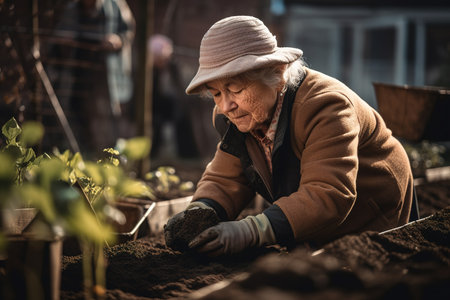 Mature senior woman working on the soil of her garden. Generative AIの素材