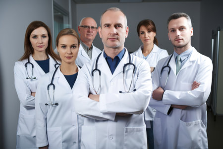 Professional doctors teamwork posing looking at camera. Generative AIの素材