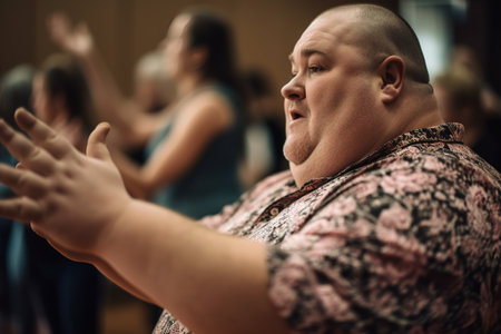 Obese man doing dance class. Close up shot, focus on foreground. Generative AIの素材