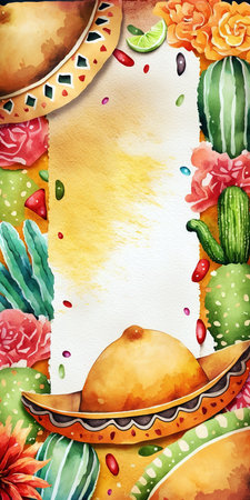 Colorful Mexican party banner with copy space for text. Watercolor style. Generative AI vertical illustrationの素材