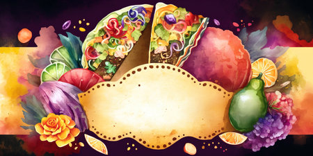 Traditional food and colorful Mexican banner with copy space for text. Generative AI illustrationの素材