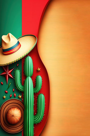 3D colorful illustration representing Mexican culture. Copy space for text. Generative AI illustrationの素材