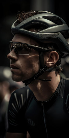 Close up shot of professional cyclist looking in profile during tournament. Generative AI vertical illustrationの素材