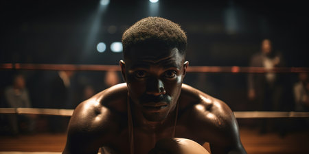 Professional African American boxer looking serious at camera while standing in the ring. Generative AI illustrationの素材