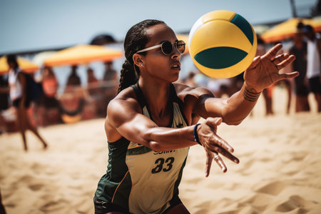 Brazilian woman playing professional beach volleyball tournament. Generative AI illustrationの素材