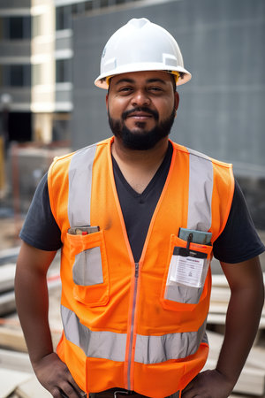 African American worker construction laborer with hi vis vest and hardhat. Generative AI vertical illustrationの素材