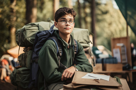 Young boy sitting on camping table in the forest ready for his summer camp. Generative AI illustrationの素材