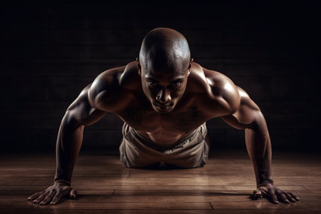 Brown skinned body build man doing push ups over dark background. Generative AI illustrationの素材
