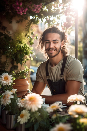 Portrait of young man working at green house nursery shop, taking care of flowers. Generative AI vertical illustrationの素材