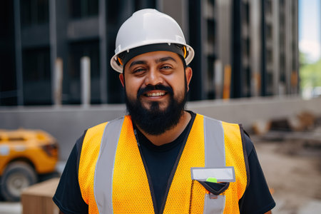 Laborer portrait working at construction site. Immigrant workers concept. Generative AIの素材