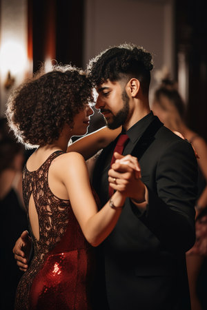Hispanic couple dancing at elegant party. Generative AI vertical illustrationの素材