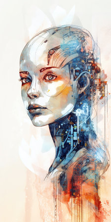 Watercolor illustration of humanoid robot in profile over white background. Generative AI vertical illustrationの素材