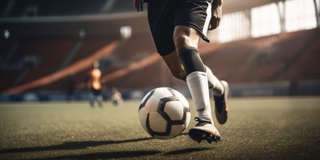 Legs shot of soccer player training in sports field. Copy space for text or advertisement. Generative AI illustrationの素材
